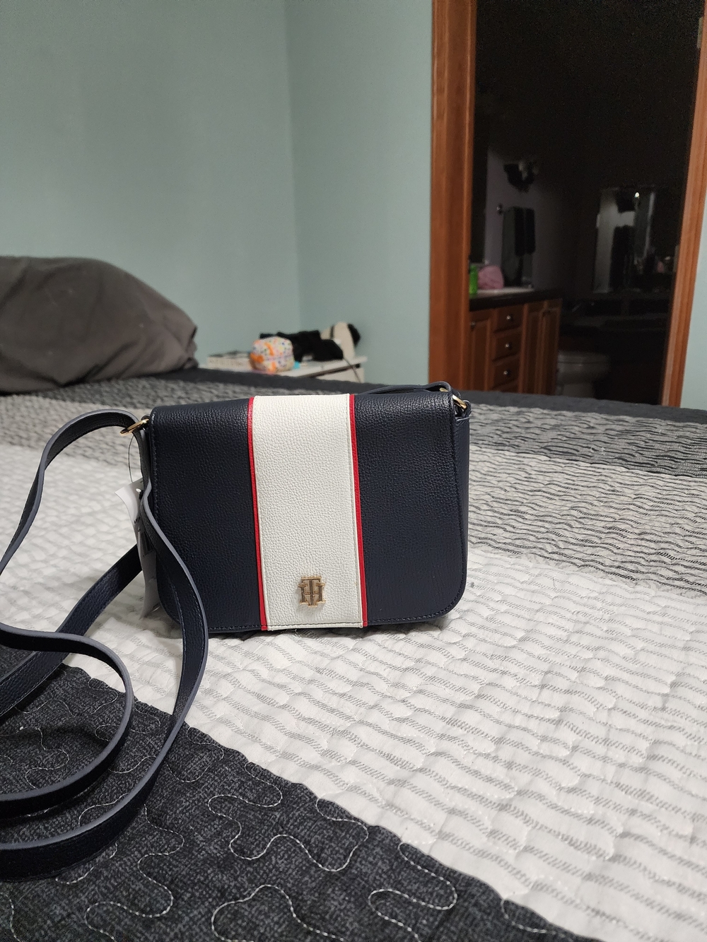 Tommy Hilfiger Navy, White and Red Stripe Pebble Leather Crossbody